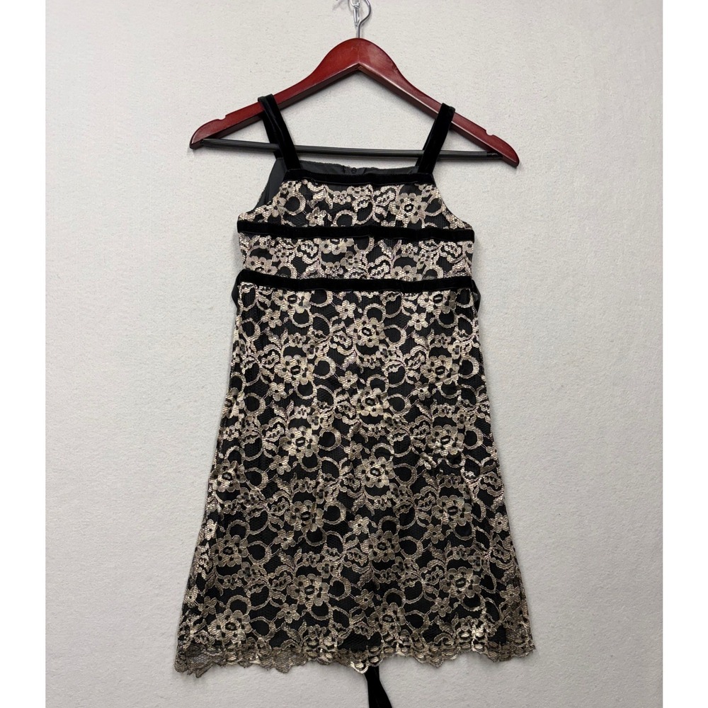 Sylvia Whyte II Lace Dress Girls 10 Black Gold Floral Velvet Trim Y2K Style